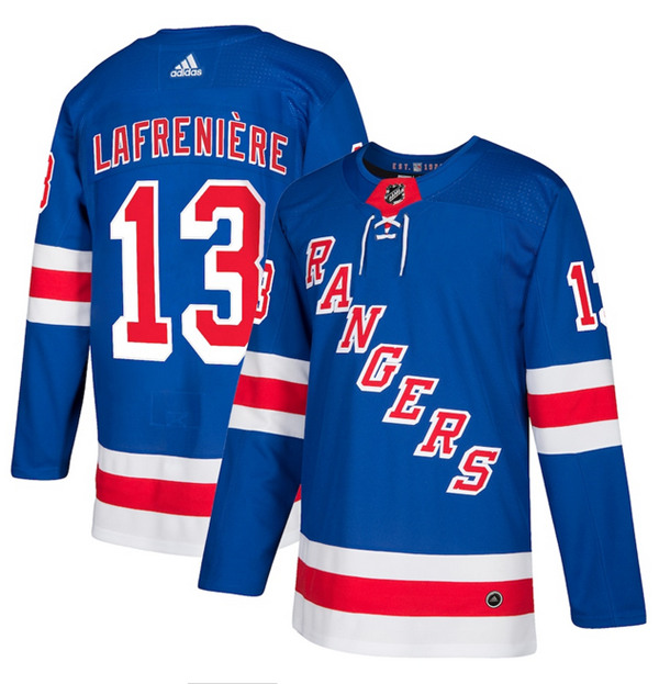 Men's New York Rangers #13 Alexis Lafrenière Blue Stitched NHL Jersey Men's New York Rangers #13 Alexis Lafrenière Blue Stitched NHL Jersey
